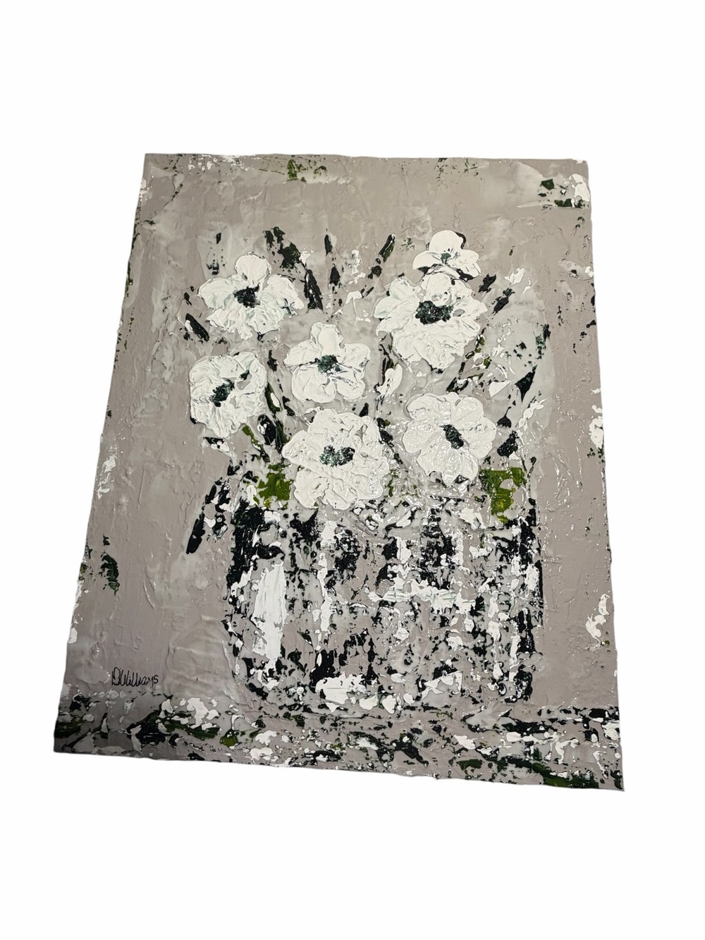 Original Artwork Blooms Textured White with Dark Green on Gray 16 x 20" - Picture 16 of 16